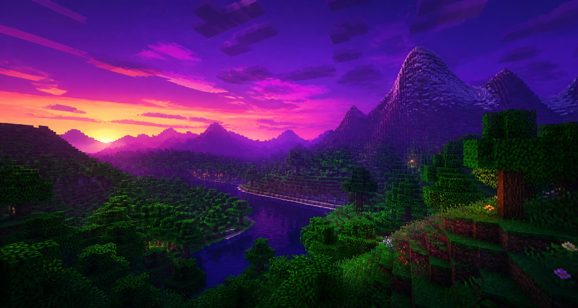 Paesaggio Minecraft al tramonto con foreste verdi e cielo viola